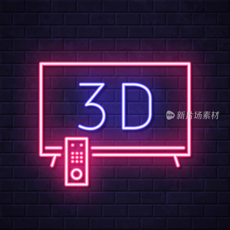 3 d电视。在砖墙背景上发光的霓虹灯图标